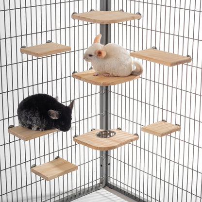 Complete cage setup with AMIDA Craft pine shelves and stainless steel bowl for chinchillas, parrots, and small pets