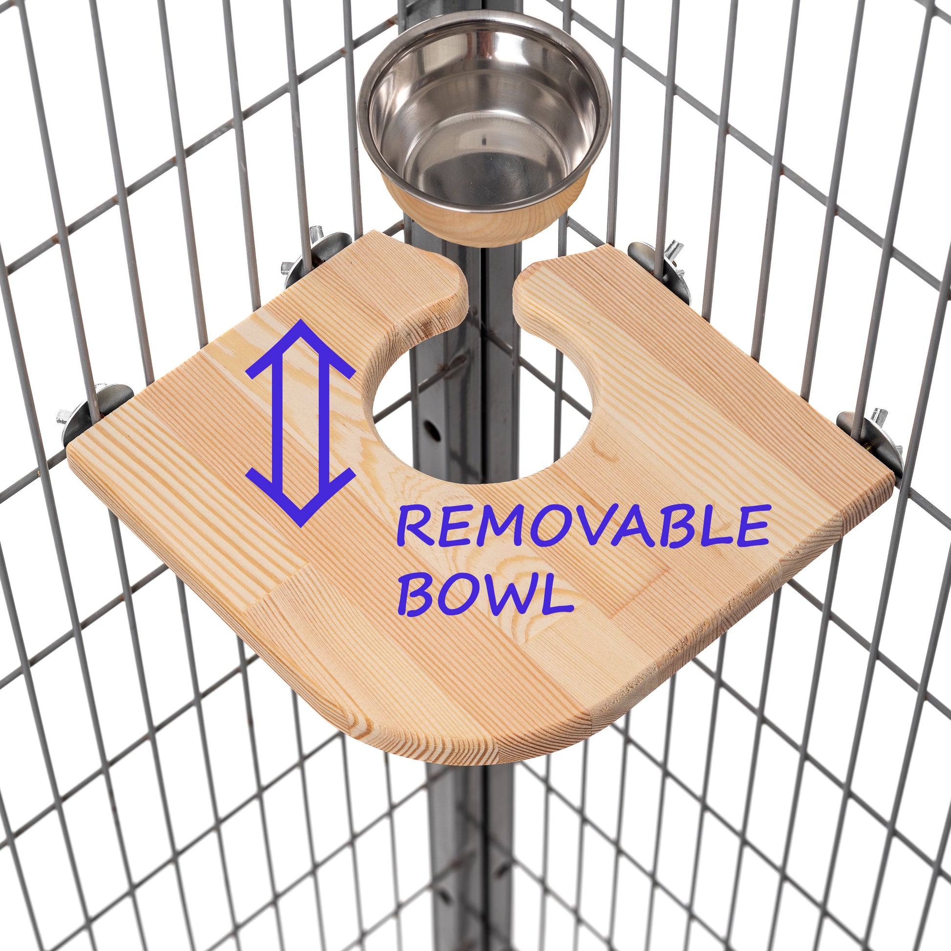 Wooden shelf with built-in stainless steel bowl for food, treats, or water