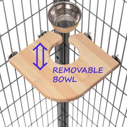 Wooden shelf with built-in stainless steel bowl for food, treats, or water