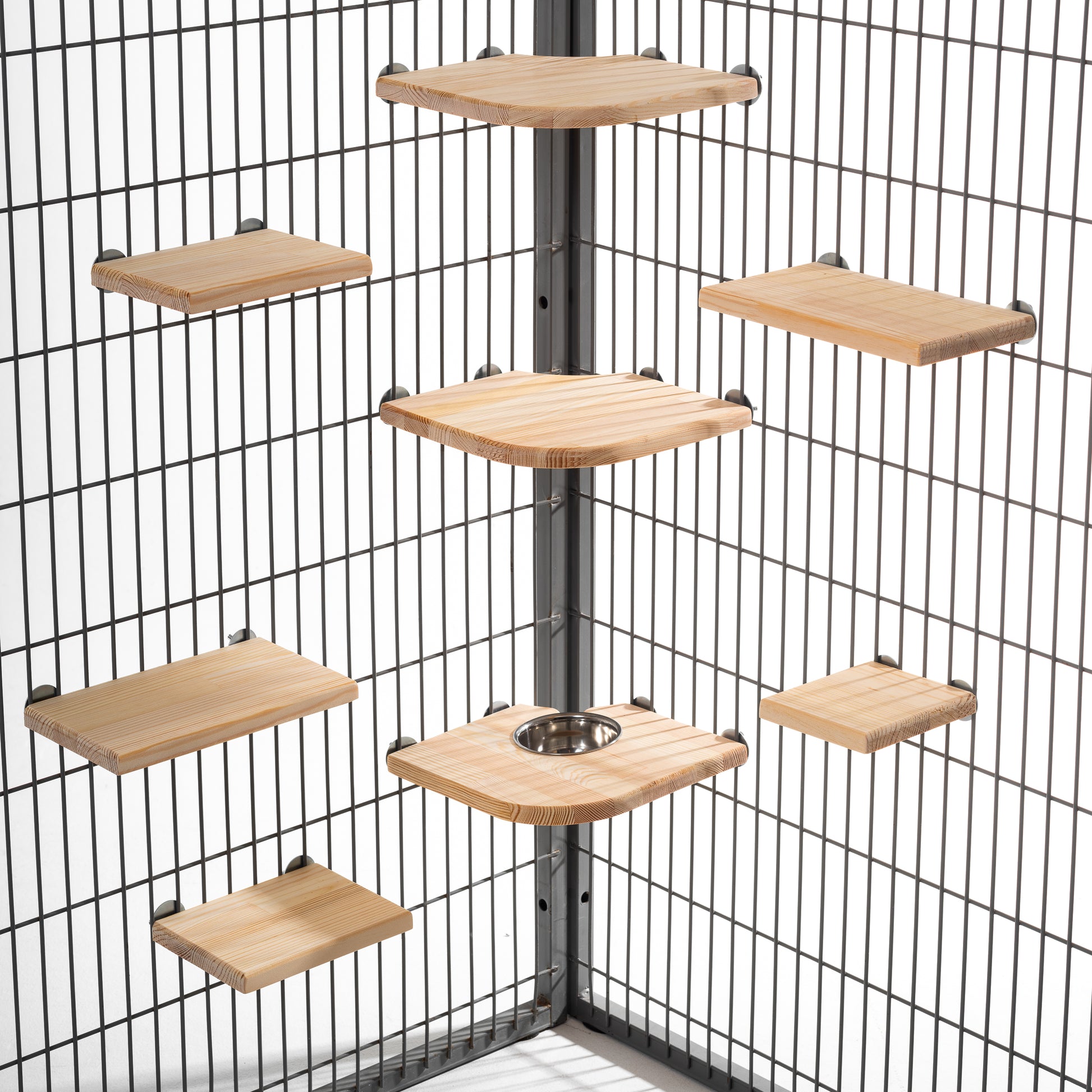 Complete cage setup with AMIDA Craft pine shelves and stainless steel bowl for chinchillas, parrots, and small pets
